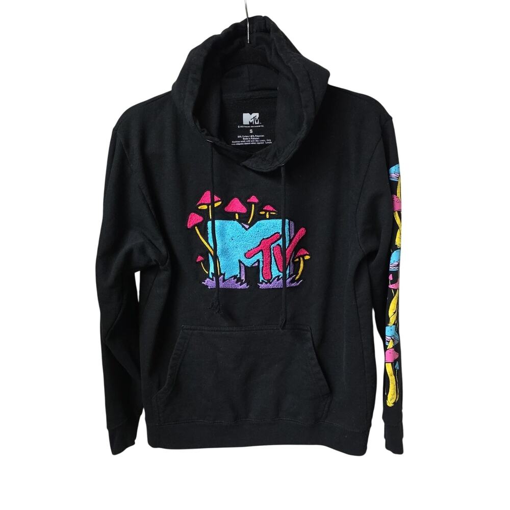 MTV Groovy Mushroom Chenille Patch Pullover Hoodie Adult Size Small